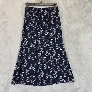 UNIF Skirt Womens XS Navy Floral Midi A-Line Slip Side Zip Bias Cut Boho Rayon